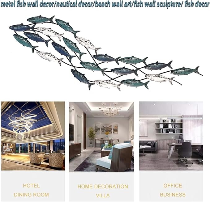 Coastal Metal Fish Wall Decor, Large Nautical Fish Wall Décor,School of 20 Fish Wall Art,3D Fish Wall Sculpture,Fish Metallic Art Decor,Perfect for Living Room,Bedroom,Beach Or Boat Decor,59" X 16.5"-Ruum Studio Home