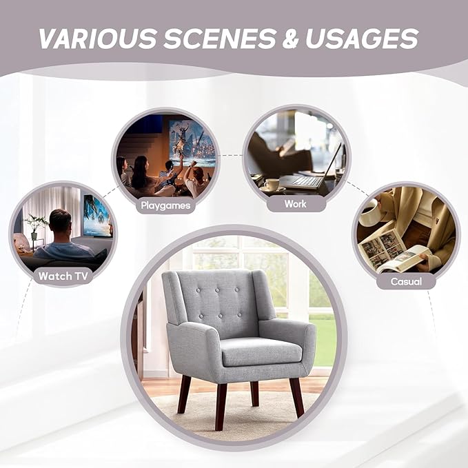 HUIMO Button-Tufted Accent Chairs Set of 2,Upholstered Reading Living Room Chair,Mid Century Modern Chair with Linen Fabric, Club Chair,Comfy Arm Chairs for Living Room,Bedroom,Light Grey-Ruum Studio Home