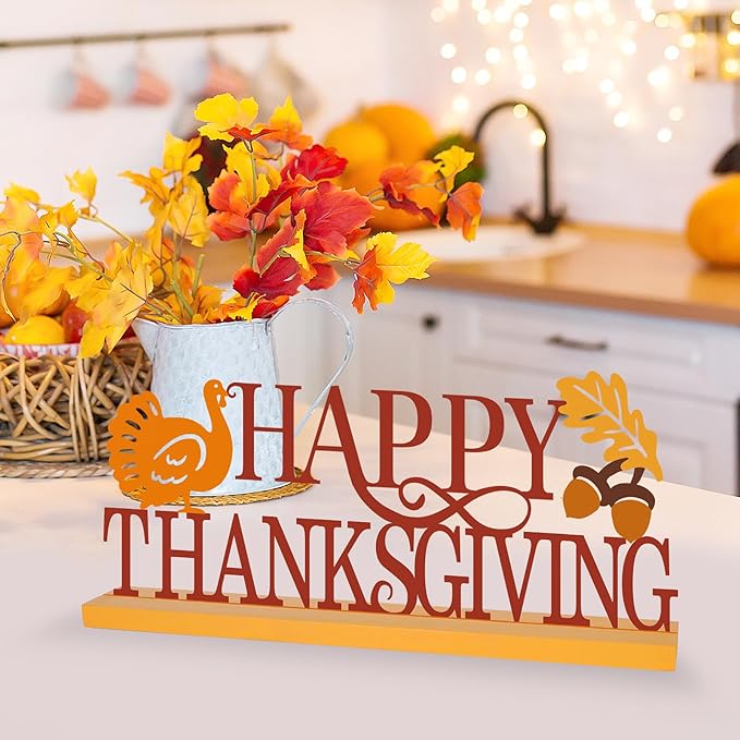 COCHIE Metal Happy Thanksgiving Sign, Fall Leaves Turkey Table Centerpieces Decorations for Home, Office, Shelf, Mantel, Indoor, Traditional Party Supplies Decor (Thanksgiving)-Ruum Studio Home