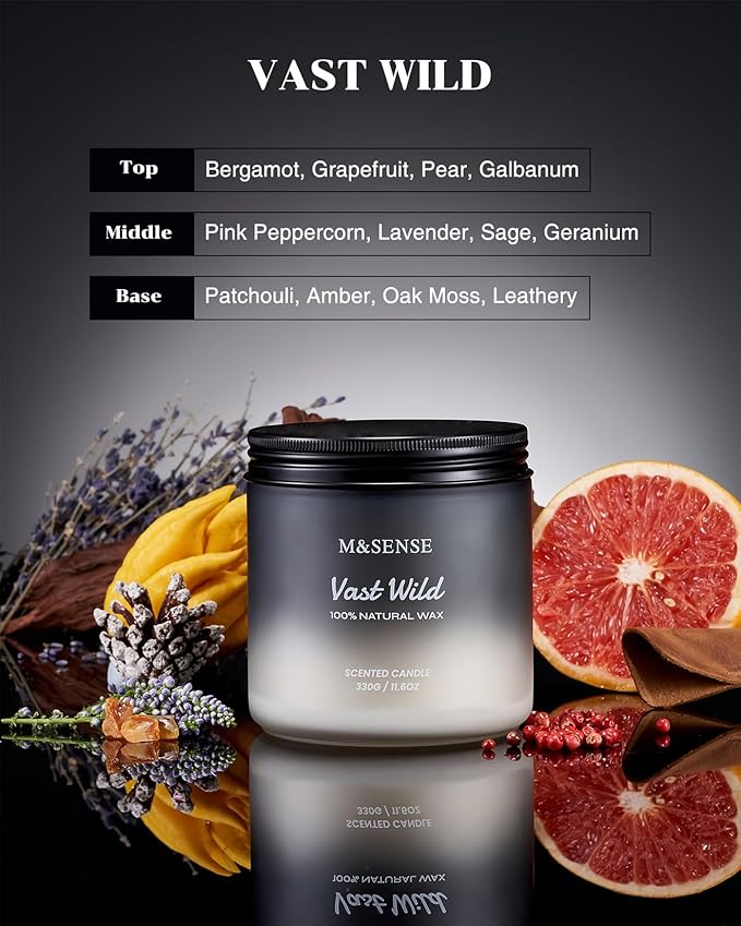 M&SENSE Sage Citrus Scented Candles for Men, 2 Wick 11.6oz Slow Burn 70 Hours Large Natural Soy Wax Clean Candle, Black Candle Luxury Manly Candles Home Fragrance Holiday Candle for Him-Ruum Studio Home