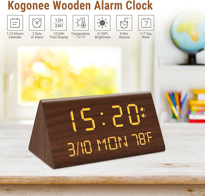 Kogonee Wooden Digital Alarm Clock, 0-100% Dimmer, 2 Alarm Settings, Weekday/Everyday Mode, 9 Mins Snooze, 12/24H, Temperature and Date Display for Office, Travel, Bedroom Alarm Clock (Brown)-Ruum Studio Home