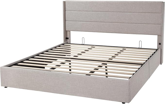 Allewie King Size Lift Up Storage Bed, Modern Wingback Headboard, Hydraulic Support, No Box Spring Needed, Light Beige-Ruum Studio Home