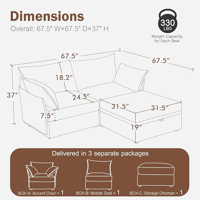 Luxury Modular Sectional Sofa, L-Shaped 3-Seat Couch with Storage Ottoman Deep Seat & Reversible Chaise Lounge Chenille Terracotta Orange for Compact Spaces, Apartments, Dorm-Ruum Studio Home