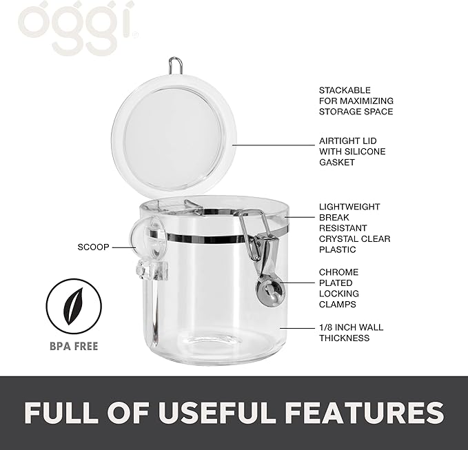 OGGI Clear Canister Airtight 38oz - Clamp Lid & Spoon - Airtight Food Storage Containers, Ideal for Kitchen & Pantry Storage of Bulk, Dry Food Including Flour, Sugar, Coffee, Rice, Tea, Spices & Herbs-Ruum Studio Home