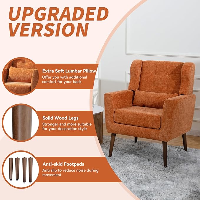 Accent Chair Set of 2, Upholstered Armchair with Pillow, Fabric Single Sofa Chair with Lounge Seat and Wood Legs Accent Chair for Living Room Small Spaces (Orange, Set of 2)-Ruum Studio Home