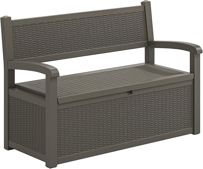 70 Gallon Deck Bench with Storage,Outdoor Storage Box Bench Waterproof&Lockable, Resin Patio Furniture with Armrest for Patio, Porch, Garden,Grey-Ruum Studio Home