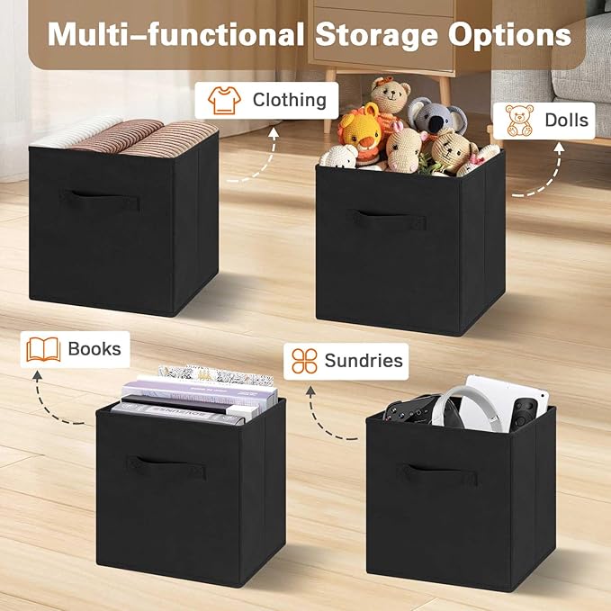 GhvyenntteS Storage Cubes 6 Pack, 11 Inch Cube Storage Bins with Dual Handles, Collapsible Heavy Duty Fabric Bins for Shelves Closet, Baskets for Organizing Clothes Bedding Toys Books (Black)-Ruum Studio Home