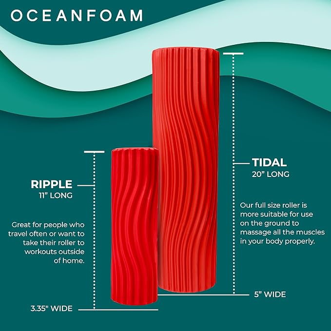 Oceanfoam Tidal Roller - Red - Muscle Massage Foam Roller for Back Pain & Stretching - Firm and Ergonomic Wide Wave Textured - Yoga, Athletics, & Wellness - Full Size, 20" x 5"-Ruum Studio Home