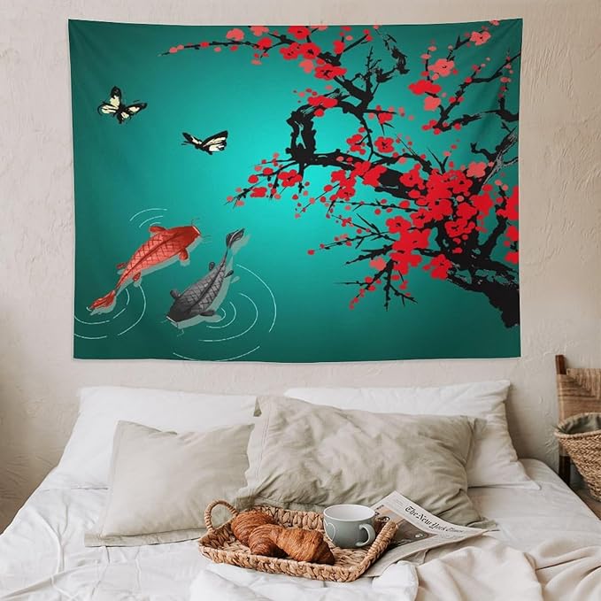 Houselerax Japanese Koi Fish Tapestry, Cherry Blossoms Asian Oriental Green Teal Floral Branch Koi Fish Carp Tapestries Wall Hanging for Bedroom Living Room Office Decor 80"x60"-Ruum Studio Home