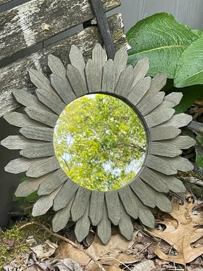 Honiway Farmhouse Wall Decor Mirror 12 inch Sunburst Boho Wood Mirror Rustic Home Decor Room Decoration for Bedroom Living Room Weathered Grey-Ruum Studio Home
