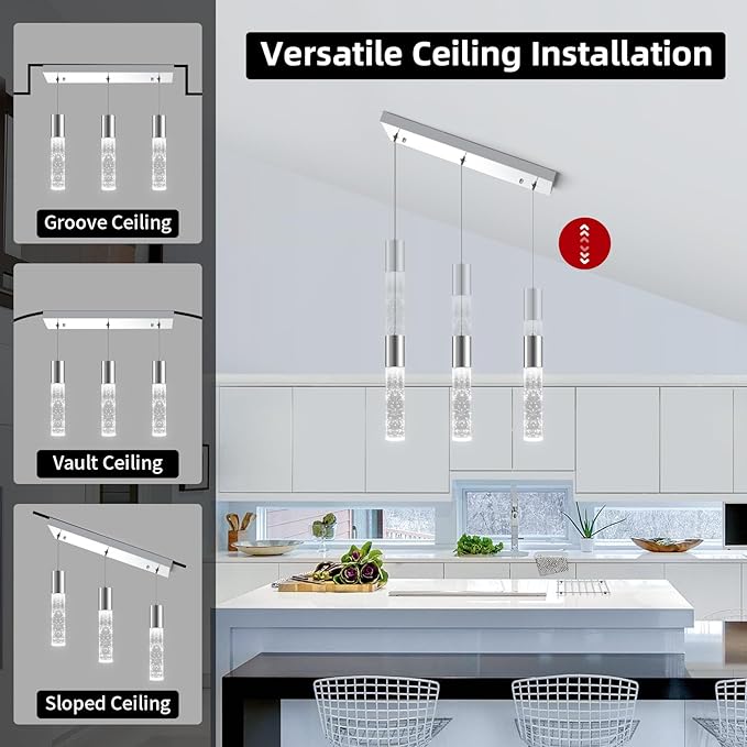 OKELI Smart 3-Light LED Pendant Lighting for Kitchen Island, 18W 1350LM Adjustable 3000K-6000K, Dimmable via TUYA App & Voice Control (Alexa/Google Home), Modern Crystal Bubble Pendant,Chrome Square-Ruum Studio Home