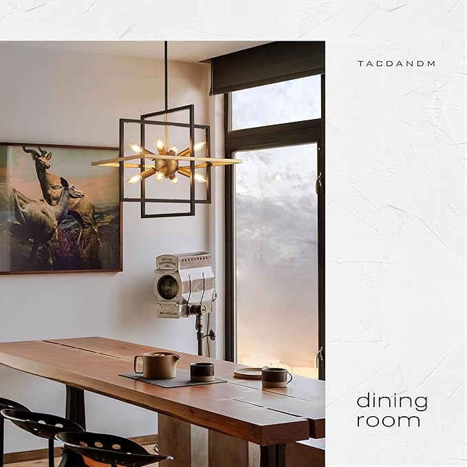 18.9'' Black Gold 8-Light Sputnik Chandelier Modern Industrial Adjustable Hanging Geometric Pendant Light Fixture for Entryway Foyer Stairway Hallway Bedroom Living Room Kitchen Island-Ruum Studio Home