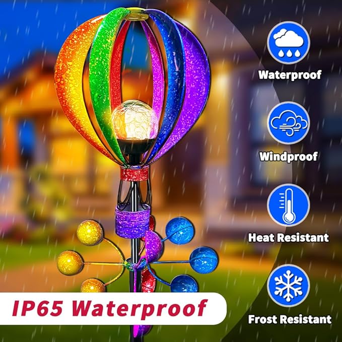 Solar Wind Spinner Outdoor - Hot Air Balloon Wind Spinners, Metal Garden Decor with LED Lights, 360° Rotating Waterproof Yard Decorations, Solar Powered for Day & Night, Lawn & Patio Windmill-Ruum Studio Home