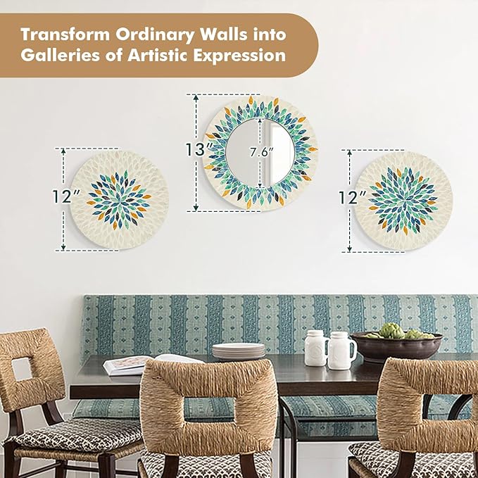 TEIPAI Jewel-Tone Mother of Pearl Mirror Wall Decor for Living Room, 3PCS Handmade Round Wall Art for Home Guest Room Decoration, Unique Mosaic Art Gift for Birthday Wedding Housewarming (Colored)-Ruum Studio Home