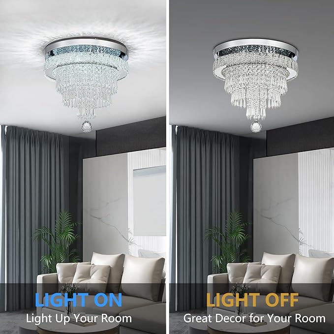 16“ Crystal Chandeliers Light Flush Mount Ceiling Light Fixtures Round Modern LED Chandelier for Living Room Bedroom Dining Room Closet Hallway (Cool White)-Ruum Studio Home