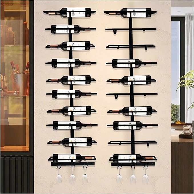20 Bottle Wall Mount Wine Rack with Wine Glass Holder, Metal Wine Wall Rack, Wall Racks for Wine Bottles Display and Storage, Hanging Bottle Organizer for Living Dining Room Wine Cellar Bar (Black)-Ruum Studio Home