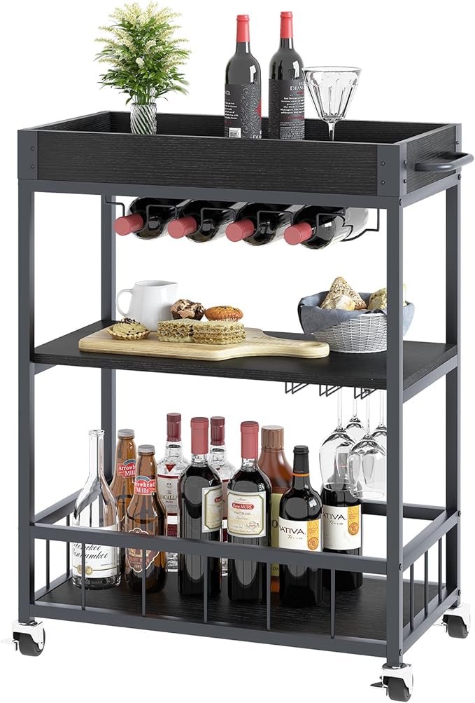 Bar Cart Serving Wine 3 Tier Home Rolling Rack with Wheels Mobile Kitchen Industrial Vintage Style Wood Metal Serving Trolley Serving Cart, Drink Cart for Living Room Kitchen-Ruum Studio Home