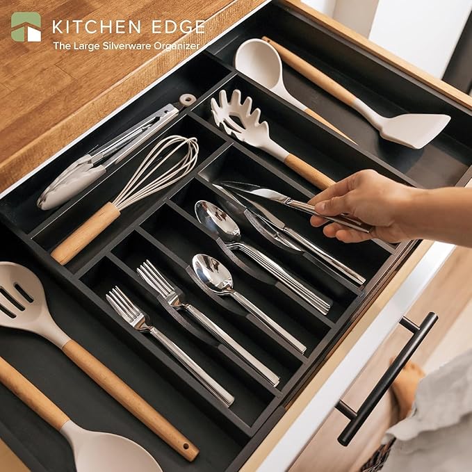 Premium Silverware, Flatware and Utensil Organizer for Kitchen Drawers, Food-Safe Contract Grade, Expandable from 16 to 28 In, Black Bamboo-Ruum Studio Home