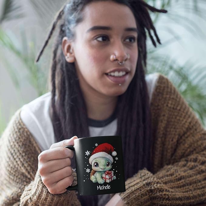 Coffee Mug With Xmas Turtle Design, Personalized Turtle Wearing Santa Hat Cup, Cute Baby Animal Black Mug 11oz 15oz, Custom Christmas Ceramic Cup, Customized Christmas Animal Mug Gift-Ruum Studio Home