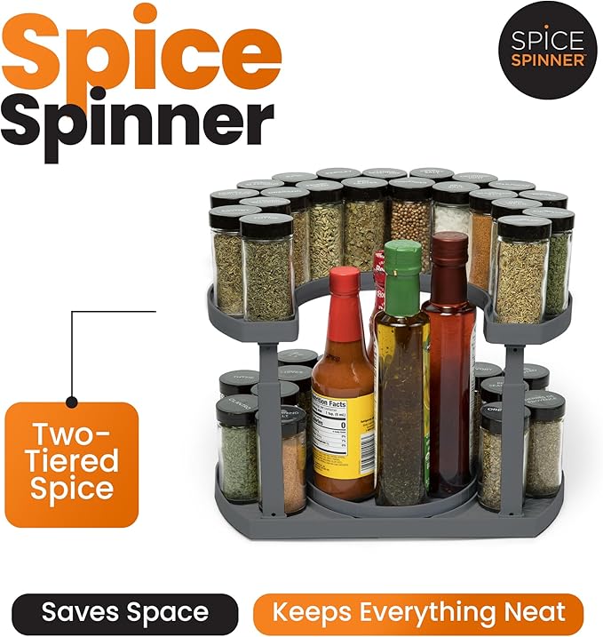 2-Tier Spice Rack Organizer for Cabinet | Rotating Lazy Susan Spice Organizer Holds 40 Spice Jars | Countertop & Pantry Spice Shelf for Kitchen Organization & Storage (Gray)-Ruum Studio Home