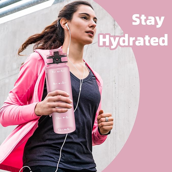 OLDLEY 32 oz Water Bottle, Motivational Water Bottle with Time Marker, Sports Water Bottle With Strap, Leakproof & BPA Free Large Water Bottles for School, Gym, Travel, Outdoor, Tritan,Pink-Ruum Studio Home