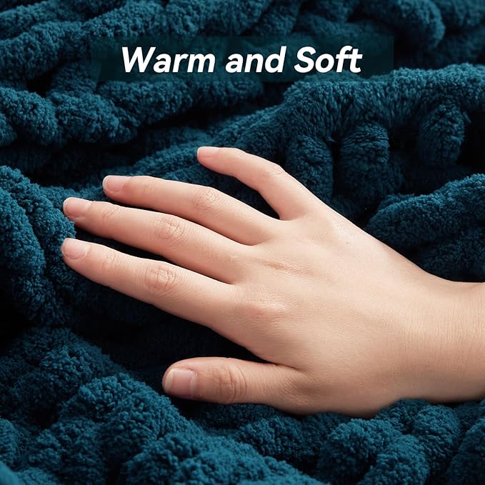 Chunky Knit Throw Blanket, 30''*40'' Knitted Throw Chenille Yarn for Bed Couch, Handmade Peacock Blue Crochet Big Thick Blanket, Machine Washable Cute Comfy Blanket for Home Decor-Ruum Studio Home