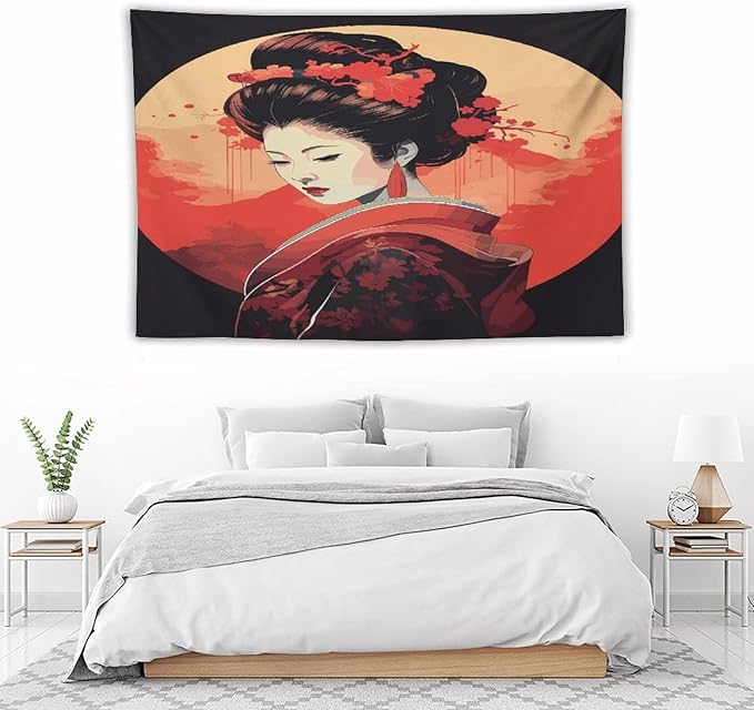 Japanese Woman Geisha Tapestry Asian Cherry Blossom Red Sun Traditional Kimono Folk Tapestries Home Decor for Living Room Bedroom Apartment Farmhouse Dorm 60"x40"-Ruum Studio Home