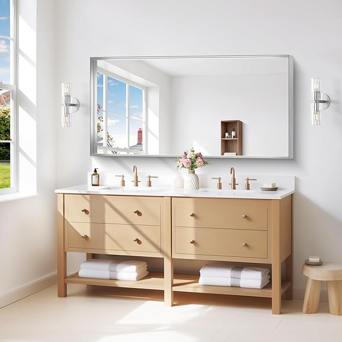 Silver Bathroom Mirror, 24x48 Inch Rectangular Framed Mirror, Large Wall Mounted Bathroom Vanity Mirror Over Sink for Bedroom,Restroom, Living Room, Hangs Vertically or Horizontally-Ruum Studio Home