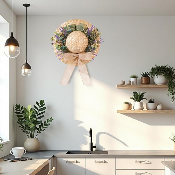 Dilicoming Spring Eucalyptus Wreaths for Front Door - 16 Inch Summer Fall Straw Hat Wreath with Bow, Women Gift, Indoor Outdoor Wreaths for Wall, Window, Farmhouse, Party, Holiday Home Décor-Ruum Studio Home