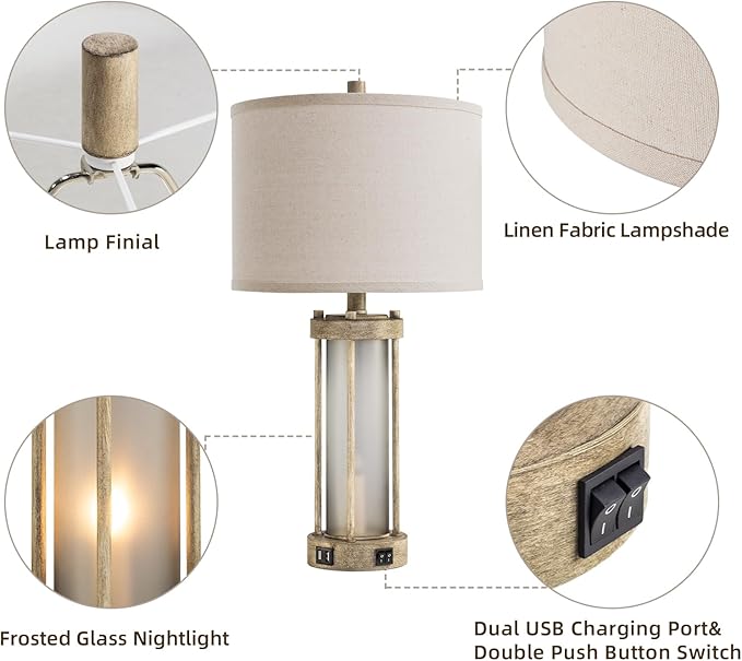 Farmhouse Table Lamps Set of 2 for Living Room, Vintage Bedroom Nightstand Lamp with Dual USB Ports, Bedside Lamp with Frosted Glass Nightlight for End Table Entryway, 4 Bulbs Included (Earthy Gray)-Ruum Studio Home