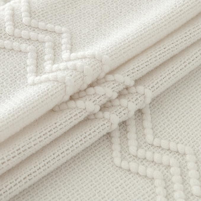 MIULEE Off White Knitted Throw Blanket for Couch Textured Knit Blanket with Tassels Cozy Woven Boho Bed Blanket for Sofa Bed Chair Acrylic Wave Pattern 50"x60"-Ruum Studio Home