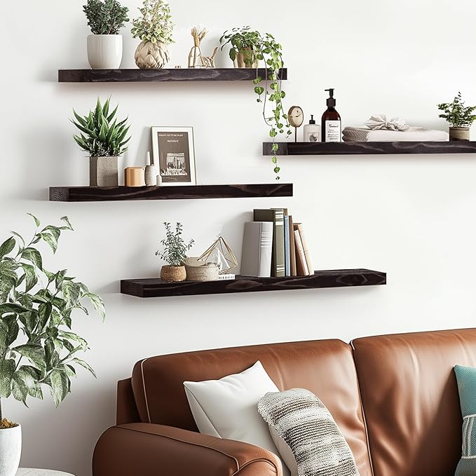 Floating Wall Shelves 4-Pack - Rustic Black 16-inch Wooden Wall Shelves for Storage and Décor, Multi-Functional and Easy to Install for Living Room, Bedroom, and Kitchen-Ruum Studio Home