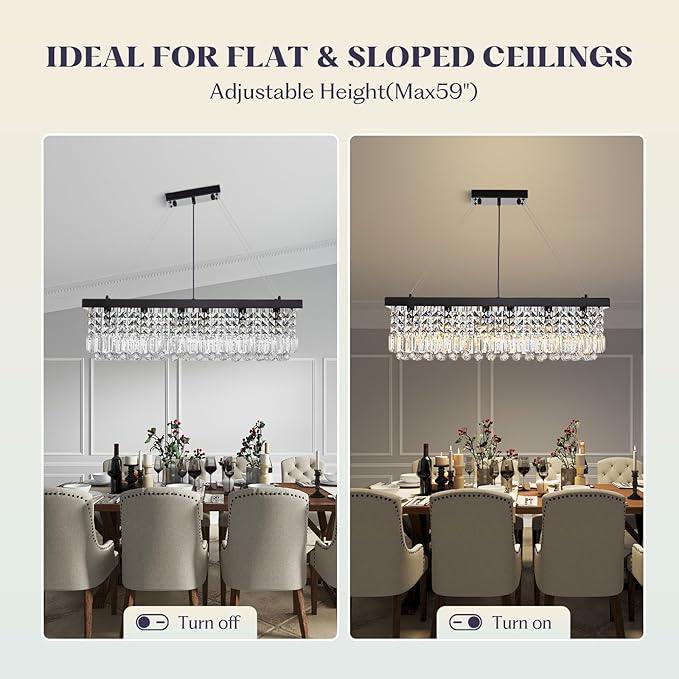 Rectangle K9 Crystal Chandelier,Rectangular Contemporary Pendant Light Fixture,Black Modern Crystal Chandeliers for Dining Room Kitchen Island L31.5''xW10''xH10''-Ruum Studio Home