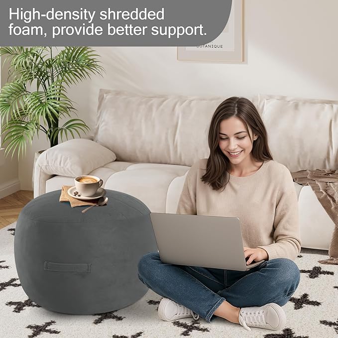 MeMoreCool Round Stuffed Pouf Ottoman Foot Rest, Floor Pouf Foot Stool with Soft Foam Chunk Filling, Small Round Ottoman Footstool Circle Footrest for Living Room, Dark Grey-Ruum Studio Home