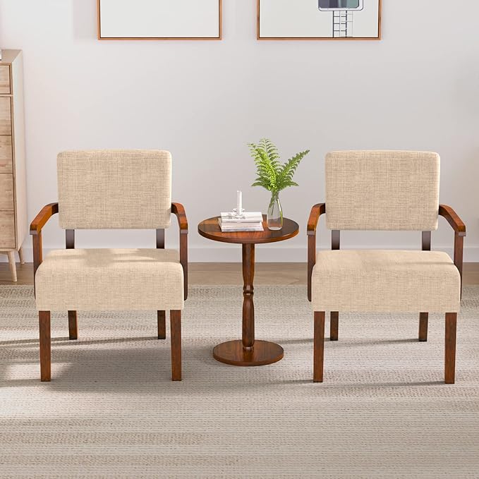 Accent Chair Set of 2 with Table, Living Room Chairs with Soft Seat and Armrests for Living Room Bedroom Reading Room Waiting Room (Beige) (AC01)-Ruum Studio Home