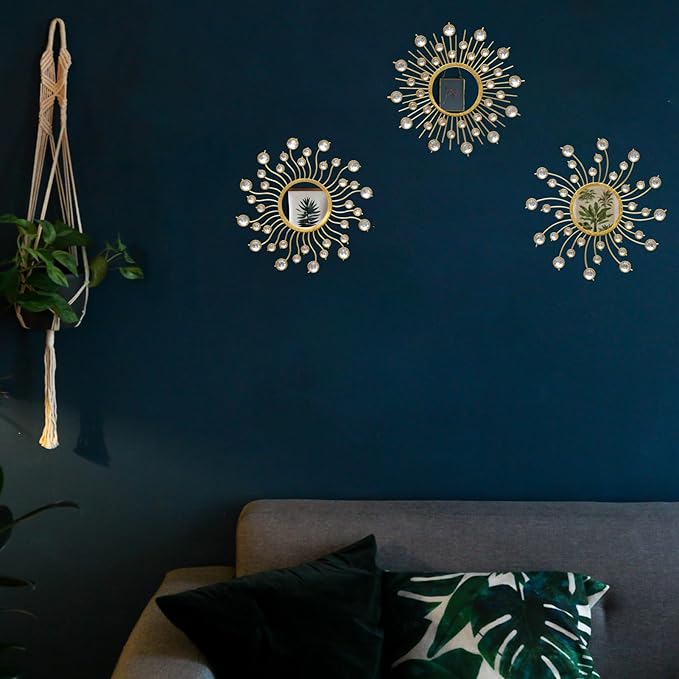 Mirror Wall Decor Wall Mirrors Decorative Sunburst Boho Mirror Gold Mirror Wall Art Metal Decor Mirror Hanging Living Room Bedroom Bathroom Set of 3-Ruum Studio Home