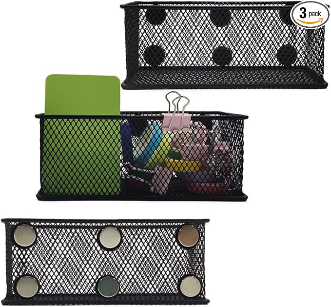 EASEPRES Magnetic Pencil Holder Set of 3 - Black Wire Mesh Storage Baskets Organizer with Strong Magnets - Perfect for Whiteboard, Refrigerator and Locker Accessories-Ruum Studio Home