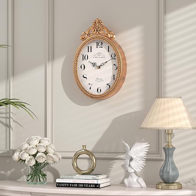 Abdurey Small French Retro Decorative Wall Clock, Antique Gold Vintage Oval Style,Silent Battery Operated Boho Decor Wall Clocks for Farmhouse,Kitchen,Bedroom,Bathroom(10.4" H x 6.7" W)-Ruum Studio Home