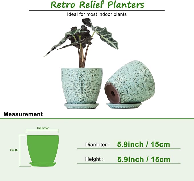 6 Inch Retro Ceramic Planter Set of 2 with Drainage Hole and Saucer for Plants, Indoor-Outdoor Garden Pots for Succulent, Orchid, and Flower (Fits Inner Pots Up to 5 Inches, Retro Green)-Ruum Studio Home