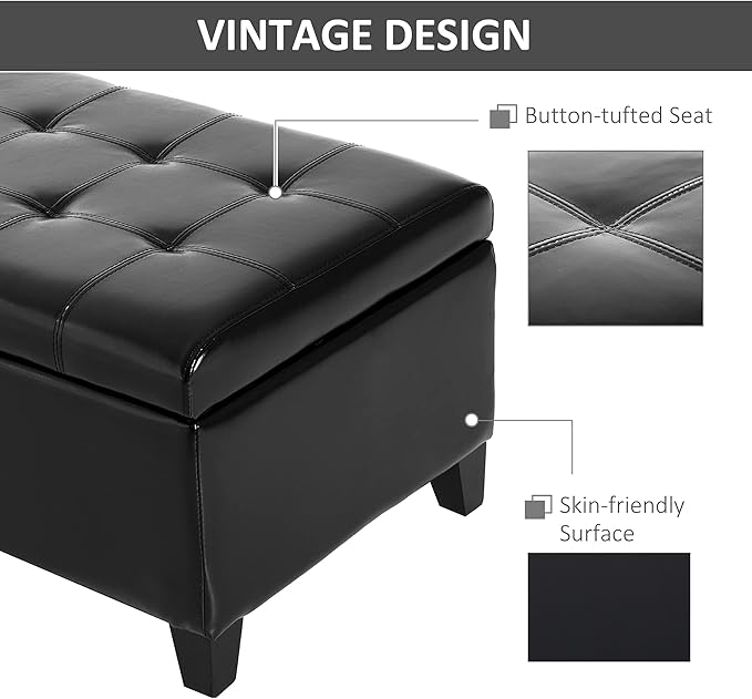 HOMCOM 51" Ottoman Storage Bench, Faux Leather Storage Chest with Lift Top, Tufted Ottoman for Living Room, Entryway, Black-Ruum Studio Home