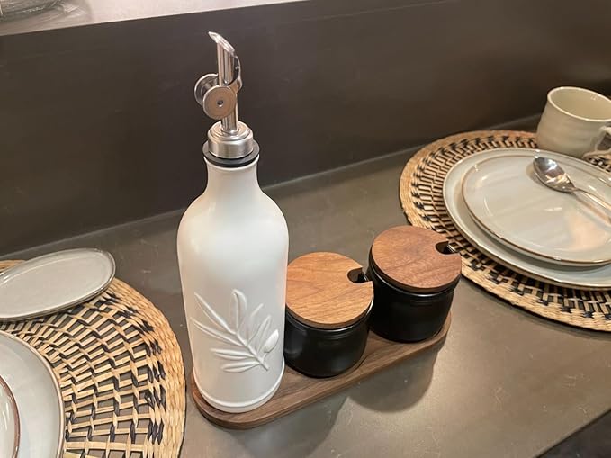 20 Oz Ceramic Olive Oil Dispenser Bottle, with Stainless Steel Spout & Funnel, Ideal for Oil, Vinegar, Coffee Syrup & Liquids (White)-Ruum Studio Home