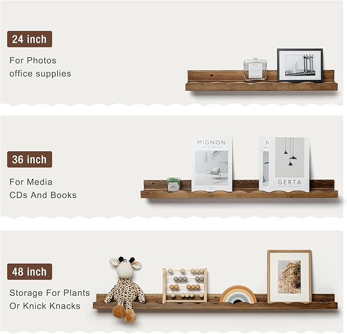 Fun Memories Picture Ledge Shelf for Wall, 48 inch Pine Wood Nursery Book Shelves Set of 2- Wall Book Shelves for Kids Room, Home Decor - Kitchen Spice-Carbonized-Ruum Studio Home