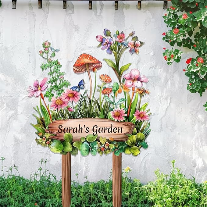 Personalized Mushroom Metal Sign with Stake,Custom Gardener Last Name Signs Outdoor Decoration,Customized Flowers Garden Accessories Decor for Grandma,Butterfly Plaques for Patio Lawn Porch Backyard-Ruum Studio Home