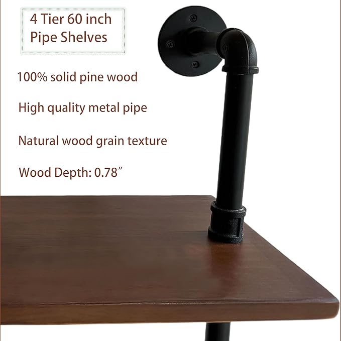 Industrial Pipe Wall Shelves Pipe Shelving with Real Wood Plank,60 Inches Floating Shelves for Wall Farmhouse Pipe Book Shelves Dark Brown 4 Tier for Kitchen,Living Room Decor and Bar Shelving-Ruum Studio Home
