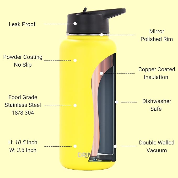 DRINCO Stainless Steel Water Bottle Spout Lid Vacuum Insulated Double Wall Water Bottle Wide Mouth (40oz 32oz 22oz 18oz 14oz) Leak Proof Keeps Cold or Hot (32 oz, 32oz Illuminating Yellow)-Ruum Studio Home