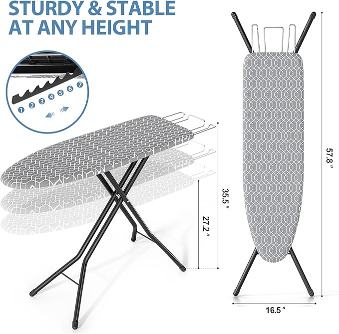 KINGBOARD Ironing Board, Foldable Iron Board with Iron Rest, Compact Ironing Board with Height Adjustable, Extra Thick Heat-Resistant Cover, Heavy-Duty Sturdy Metal Legs, 43x13 Grey-Ruum Studio Home