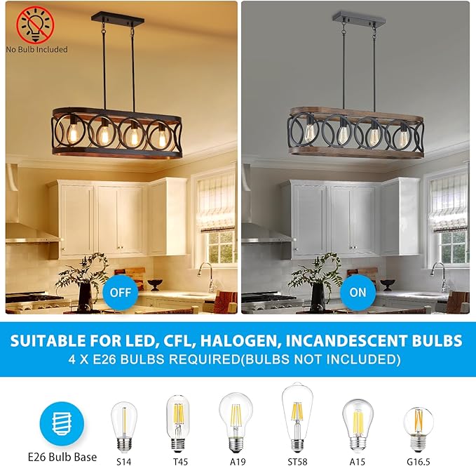 XINGQI Rectangular Linear Kitchen Island Chandeliers Over Table 32.7" Black Pendant Lighting Fixtures Farmhouse 4-Light for Dining Room Bar Office Coffee Shop, Black Wood Grain-Ruum Studio Home