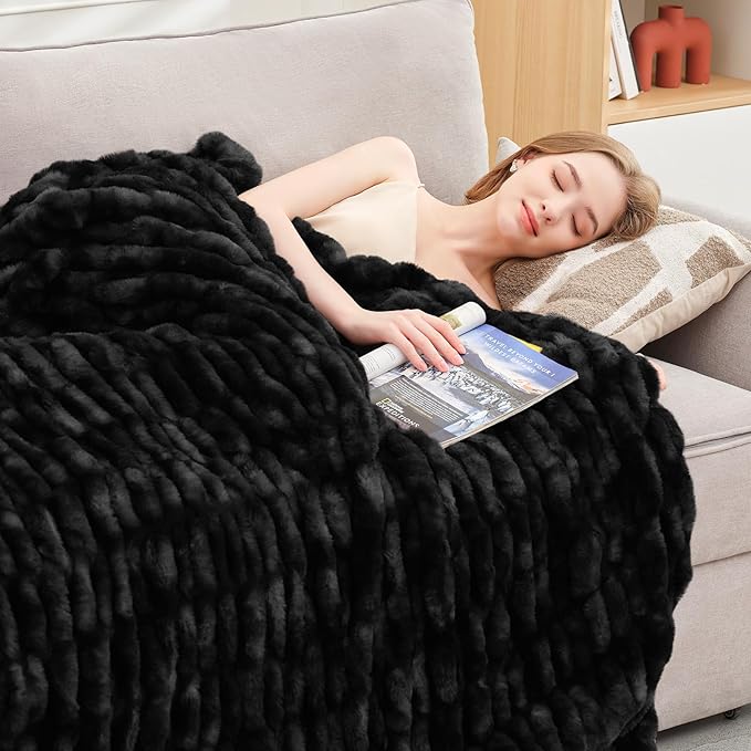 Ultra Soft Luxury Faux Fur Twin Blanket for Counch,Fuzzy Fluffy Plush Warm Cozy Elegant Wrinkled Blanket for Sofa Bedroom Living Room,（60"x80",Tie-dye Black）-Ruum Studio Home