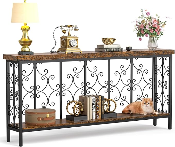 ikkle 70.9" Extra Long Console Table, Industrial Narrow Sofa Table Behind Couch with 2 Tier Storage Shelf, Entryway Hallway Accent Table for Living Room, Foyer, Rustic Brown-Ruum Studio Home