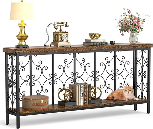 ikkle 70.9" Extra Long Console Table, Industrial Narrow Sofa Table Behind Couch with 2 Tier Storage Shelf, Entryway Hallway Accent Table for Living Room, Foyer, Rustic Brown-Ruum Studio Home